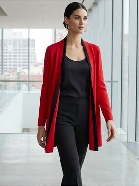 Misook Red Open-Front Longline Black Scalloped Trim Old Money Knit Cardigan 3X